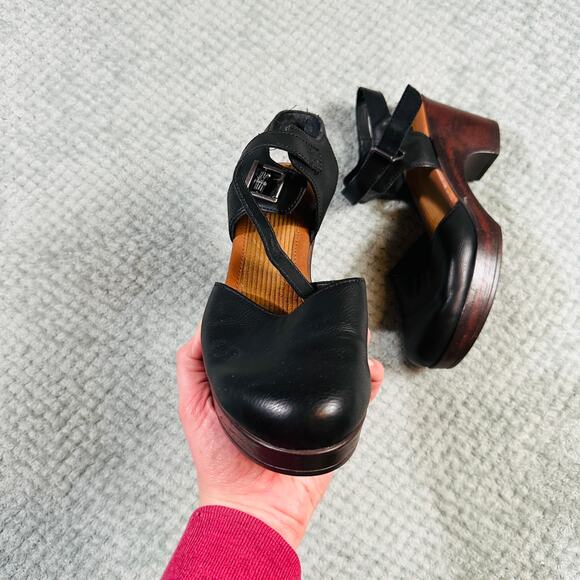 B.O.C Black Leather Strappy Faux Wood Leather Heeled Clog Round Toe Swedish 11 - Picture 3 of 6